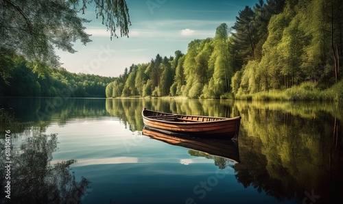  a boat is sitting on the water in the middle of a forest lake with trees around it and a blue sky with clouds and a few white clouds.  generative ai © Olga