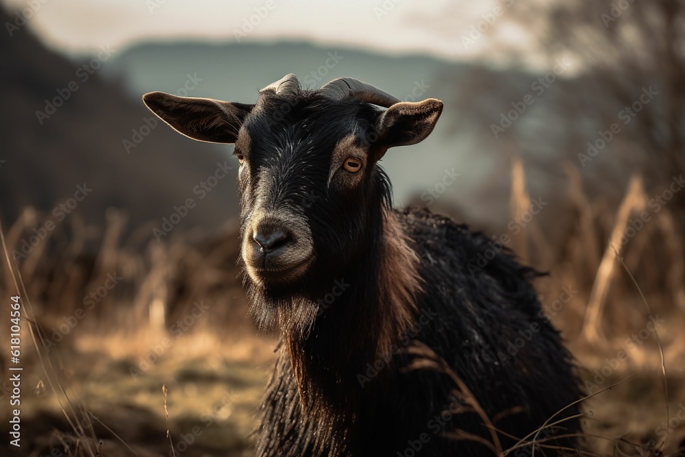 African Indigenous pygmy goat with curved horns in a lush field African Indigenous pygmy goat with curved horns in a lush field