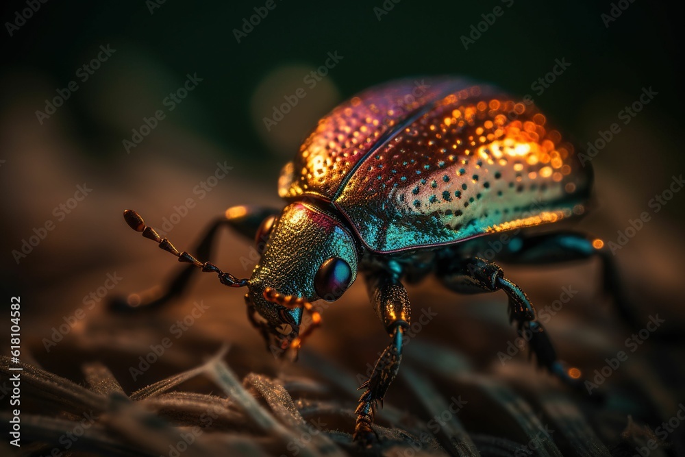 Fototapeta premium Close-up of a small beetle on lush green grass at sunset