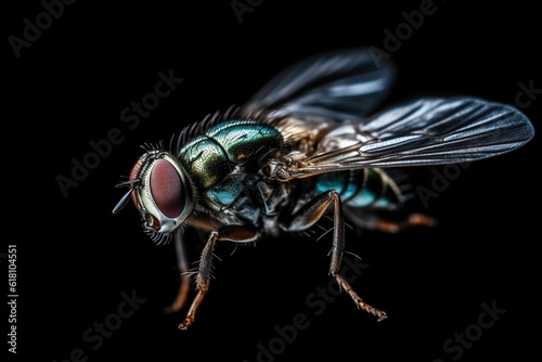 Closeup of a bright blue and green fly on a dark background