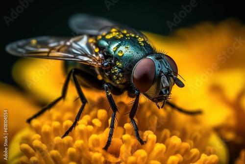 Closeup of a bright blue and green fly on a bright yellow flower