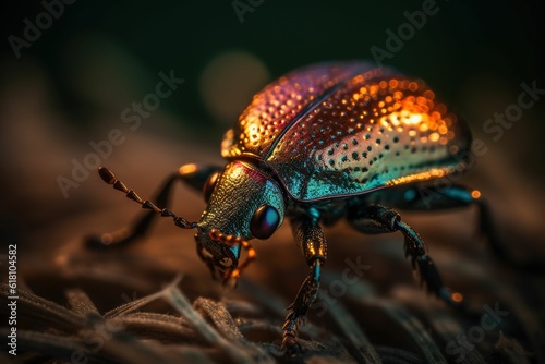 Close-up of a small beetle on lush green grass at sunset