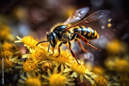 Close-up of a honeybee perched on a vibrant flower collecting nectar
