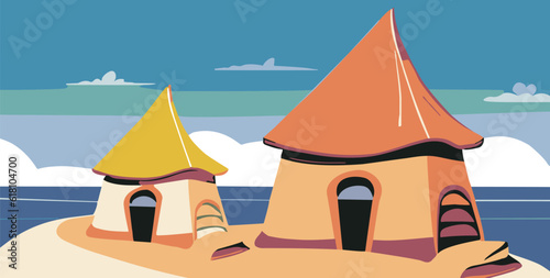 Vector illustration of holiday huts on an island surrounded by turquoise ocean water.