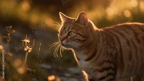 AI-generated illustration of a striped tabby cat strolling through a lush meadow on a sunny day.