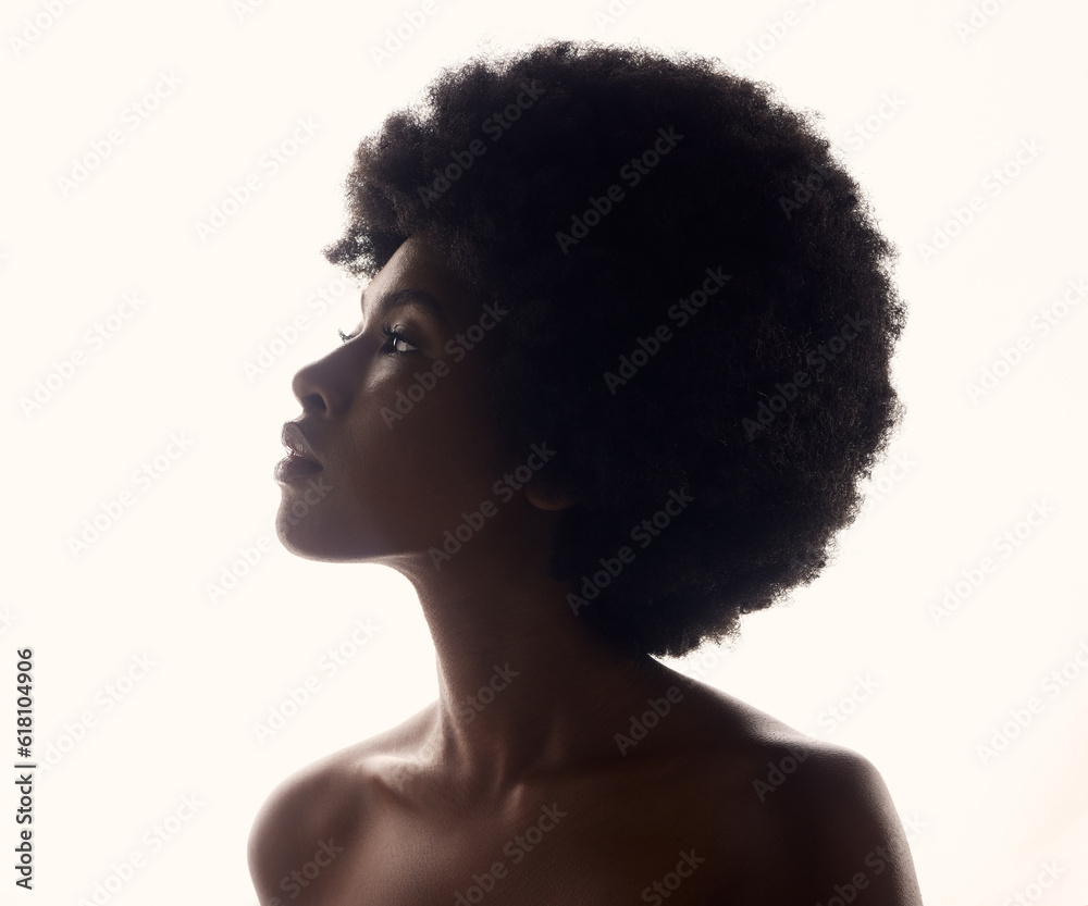 Hair, silhouette and profile of black woman with afro hairstyle, beauty and skincare on white background. Natural haircare, cosmetics and beautiful face of African model with glow and shine in studio Hair, silhouette and profile of black woman with afro hairstyle, beauty and skincare on white background. Natural haircare, cosmetics and beautiful face of African model with glow and shine in studio