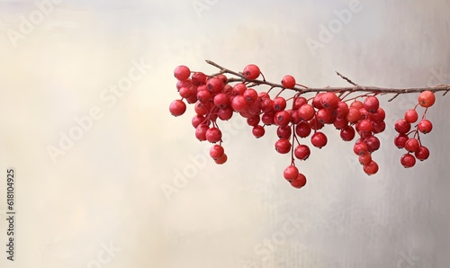  a branch with red berries hanging from it's branches on a white wall behind a gray wall with a light colored background behind it. generative ai