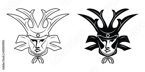 Head or Face of Japan samurai Shogun or swordsman with amour hat or helmet called Kabuto drawing in black and white vector