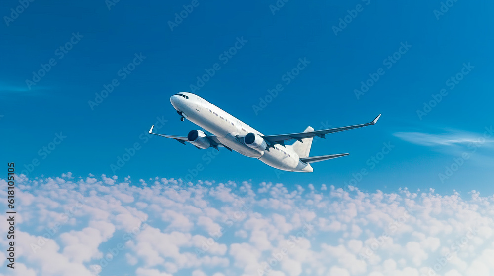Fototapeta premium Airplane in the blue sky. Generative AI