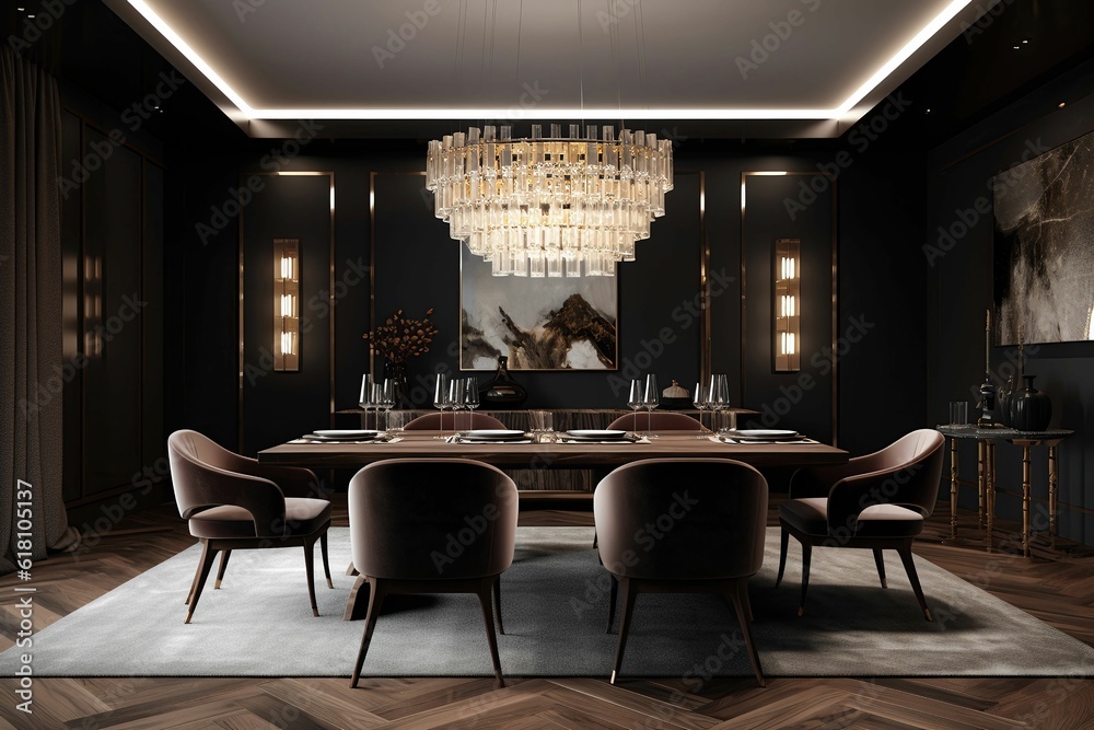 AI generated illustration of a dining room with a stunning chandelier ...