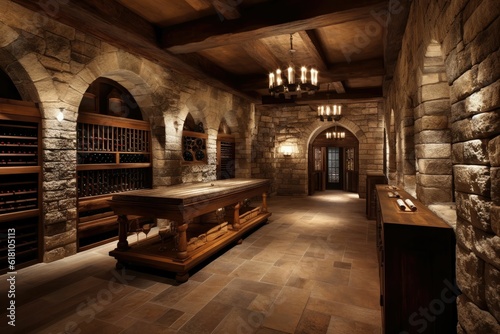 an old castle style wine cellar with some bottles in the center