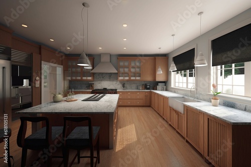 AI generated illustration of a modern kitchen with countertops, wood cabinets, and a center island © Amotor/Wirestock Creators