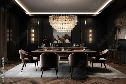 AI generated illustration of a dining room with a stunning chandelier
