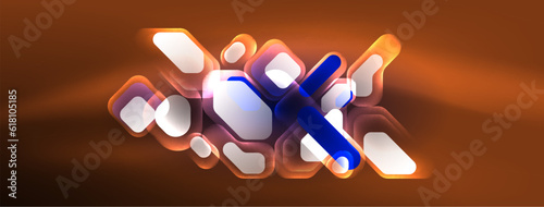 Glowing neon geometric elements abstract background. Neon light or laser show, electric impulse, power lines, techno quantum energy impulse, magic glowing dynamic lines