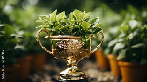 Ecology Trophy, nature trophy, environment, gold cup, leaves, leaf, plant, nature, number one, CSR company social responsability, tech company, ecology at work, clean, made with generative AI
