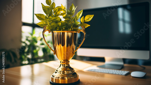 Ecology Trophy, nature trophy, gold cup, leaves, leaf, plant, nature, number one, CSR company social responsability, tech company, ecology at work, clean, made with generative AI