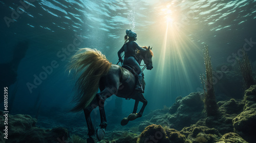 AI generated illustration of a person in a scuba suit riding a horse underwater