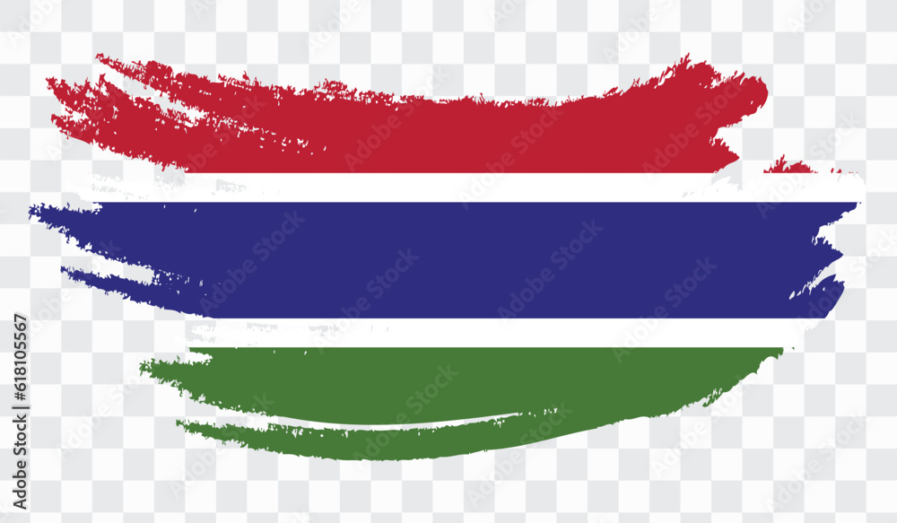 Obraz premium Grunge brush stroke with GAMBIA national flag. Watercolor painting flag,poster, banner of the national flag. Style watercolor drawing. Vector isolated on transparent background.