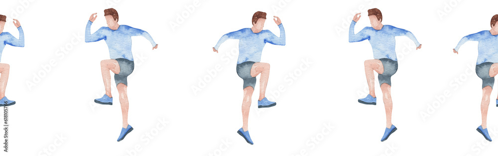 Sports at sunrise border.Running.Gymnastics.Morning gym.Watercolor sport isolated on white background. Sports at sunrise border.Running.Gymnastics.Morning gym.Watercolor sport isolated on white background.
