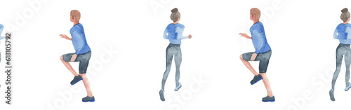 Sports at sunrise border.Running.Gymnastics.Morning gym.Watercolor sport isolated on white background.