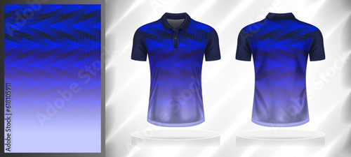 Vector sport pattern design template for Polo T-shirt front and back with short sleeve view mockup. Dark and light shades of blue color gradient abstract geometric texture background.