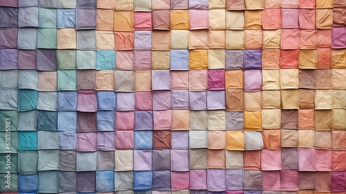 A colored, mosaic styled, patchwork quilt with a pattern of squares, rustic texture, paper sculptures, unprimed canvas, pastel colours, generative AI