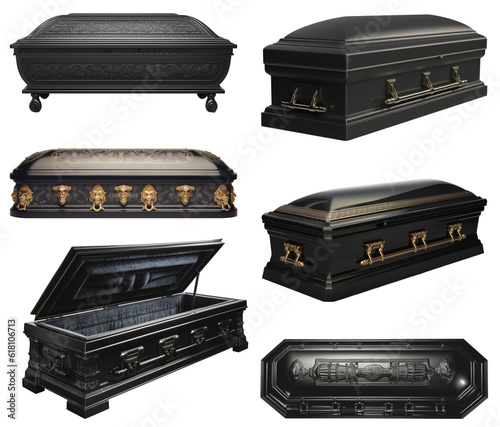 set of black coffins on a transparent background, Generative AI photo