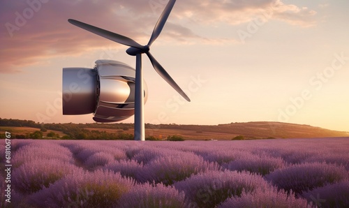  a wind turbine in a field of lavender flowers with a sunset in the background and clouds in the sky over the top of the wind turbine.  generative ai