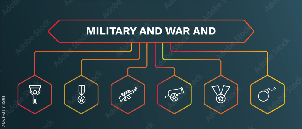 set of military and war and white thin line icons. military and war outline icons with infographic template. linear icons such as condecoration, rifle, canon, medal, bomb vector. set of military and war and white thin line icons. military and war outline icons with infographic template. linear icons such as condecoration, rifle, canon, medal, bomb vector.