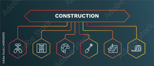 set of construction white thin line icons. construction outline icons with infographic template. linear icons such as big clo, pallete, short shovel, stairs with handle, five meters ruler vector.