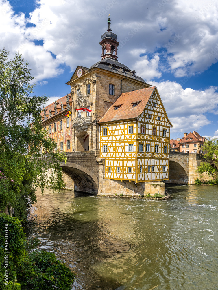 The old downtown of Bamberg with half-timbered houses