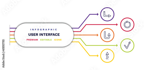 set of user interface thin line icons. user interface outline icons with infographic template. linear icons such as down right arrow, turn up arrow, up arrow with scribble, clockwise drawn check