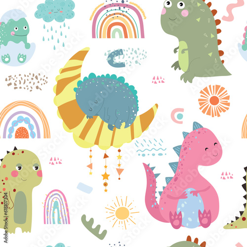 Seamless pattern with dino, rainbows, clouds, sun, spots, abstracy figure. Vector illustration.