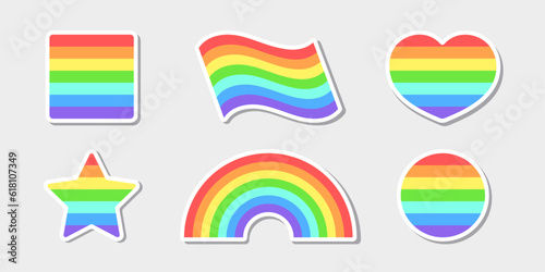 Rainbow colored design elements collection. Different shapes in colors of LGBT community on white background. Best for polygraphy, print, stickers, cards and web design.
