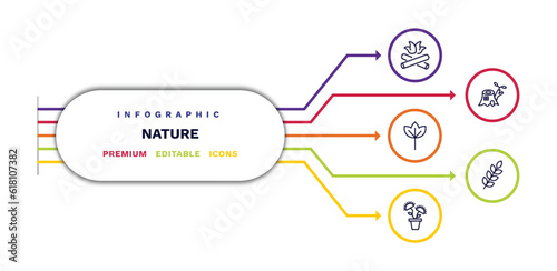 set of nature thin line icons. nature outline icons with infographic template. linear icons such as camping bonfire, sassafras leaf, carnivorous plant, stump house, briar leaf vector.
