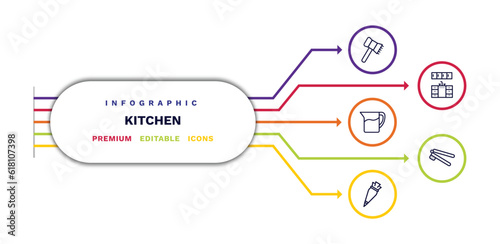 set of kitchen thin line icons. kitchen outline icons with infographic template. linear icons such as meat tenderizer, pitcher, pastry bag, kitchen cabinet, garlic press vector.