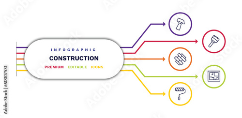 set of construction thin line icons. construction outline icons with infographic template. linear icons such as inclined hammer, , roller and paint, sand brush, house plan vector.