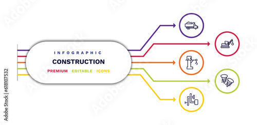 set of construction thin line icons. construction outline icons with infographic template. linear icons such as , big derrick with boxes, adjusment system, derrick with ball, two screws vector.