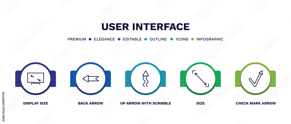 Fototapeta premium set of user interface thin line icons. user interface outline icons with infographic template. linear icons such as display size, back arrow, up arrow with scribble, size, check mark arrow vector.