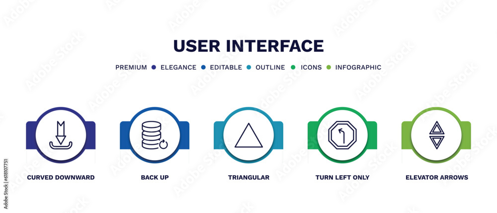 Fototapeta premium set of user interface thin line icons. user interface outline icons with infographic template. linear icons such as curved downward arrow, back up, triangular, turn left only, elevator arrows