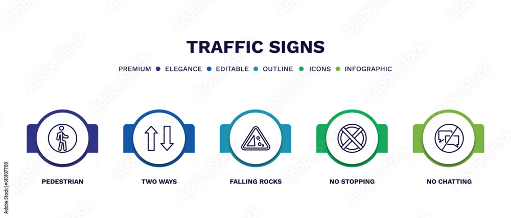 set of traffic signs thin line icons. traffic signs outline icons with infographic template. linear icons such as pedestrian, two ways, falling rocks, no stopping, no chatting vector. set of traffic signs thin line icons. traffic signs outline icons with infographic template. linear icons such as pedestrian, two ways, falling rocks, no stopping, no chatting vector.