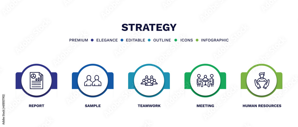 set of strategy thin line icons. strategy outline icons with infographic template. linear icons such as report, sample, teamwork, meeting, human resources vector.