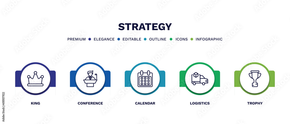 set of strategy thin line icons. strategy outline icons with infographic template. linear icons such as king, conference, calendar, logistics, trophy vector.