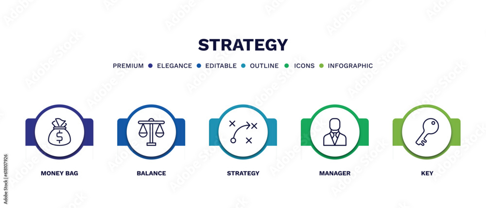 set of strategy thin line icons. strategy outline icons with infographic template. linear icons such as money bag, balance, strategy, manager, key vector.