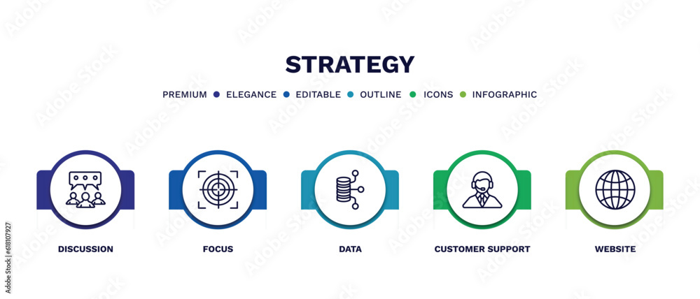 set of strategy thin line icons. strategy outline icons with infographic template. linear icons such as discussion, focus, data, customer support, website vector. set of strategy thin line icons. strategy outline icons with infographic template. linear icons such as discussion, focus, data, customer support, website vector.