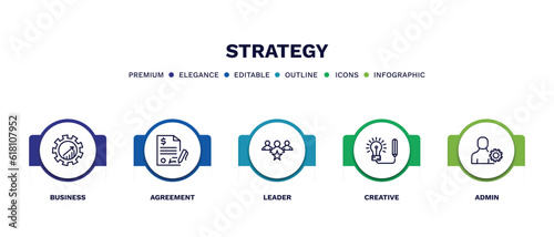 set of strategy thin line icons. strategy outline icons with infographic template. linear icons such as business, agreement, leader, creative, admin vector.