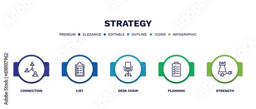 set of strategy thin line icons. strategy outline icons with infographic template. linear icons such as connection, list, desk chair, planning, strength vector.