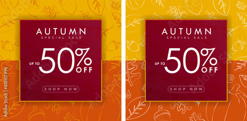Set of Autumn Sale card, background, banner, poster or flyer design. Up to 50 off discount with shop now CTA button. Drawing of autumn elements, maple leaves, pumpkin, acorn. Vector illustration.
