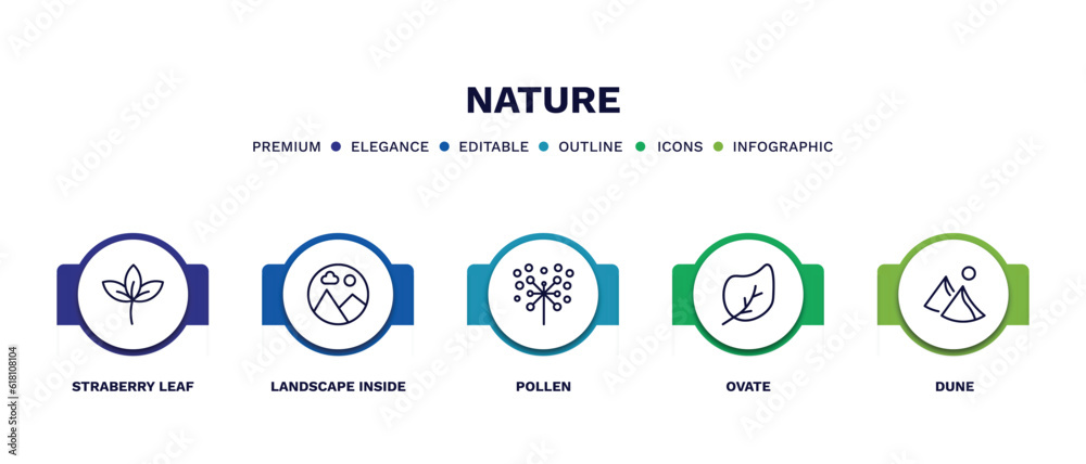 set of nature thin line icons. nature outline icons with infographic template. linear icons such as straberry leaf, landscape inside frame, pollen, ovate, dune vector. set of nature thin line icons. nature outline icons with infographic template. linear icons such as straberry leaf, landscape inside frame, pollen, ovate, dune vector.