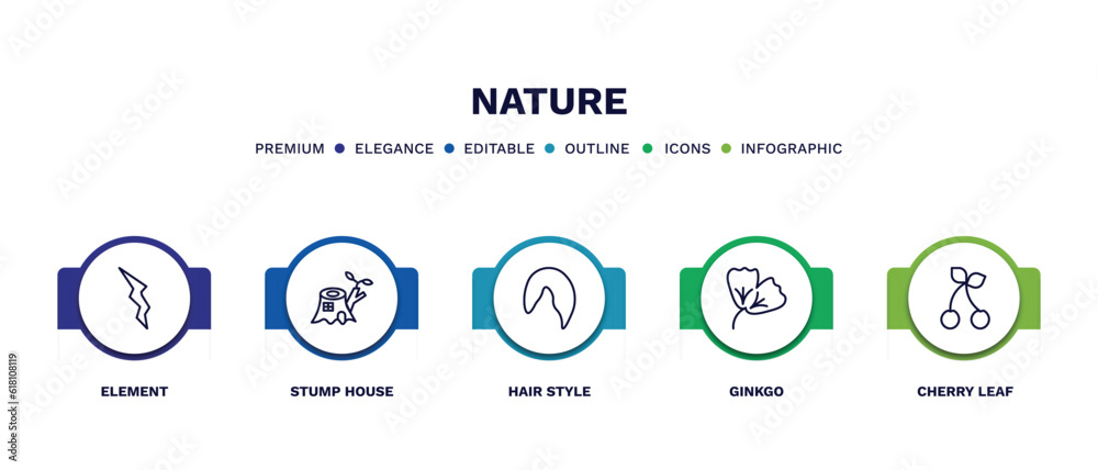 set of nature thin line icons. nature outline icons with infographic template. linear icons such as element, stump house, hair style, ginkgo, cherry leaf vector. set of nature thin line icons. nature outline icons with infographic template. linear icons such as element, stump house, hair style, ginkgo, cherry leaf vector.